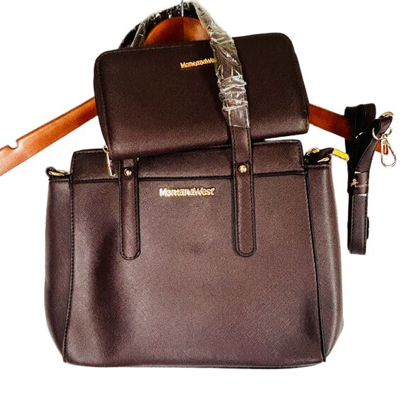 Montana West Handbags - 💐 Montana West NEW Crossbody Double Handle Bag Wallet Solid Brown Vegan Leather